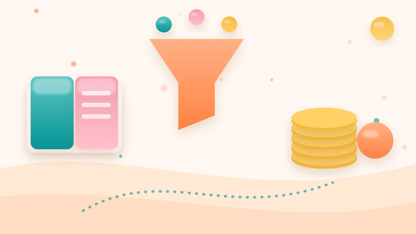 Clay-style illustration of an open book, a sales funnel and a stack of coins, representing offers sequenced so early cash funds acquisition