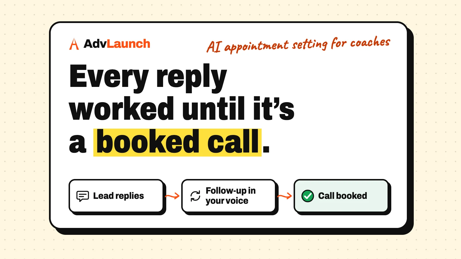 AdvLaunch graphic for AI appointment setting for coaches. The headline reads 'Every reply worked until it's a booked call', above three steps: lead replies, follow-up in your voice, call booked.