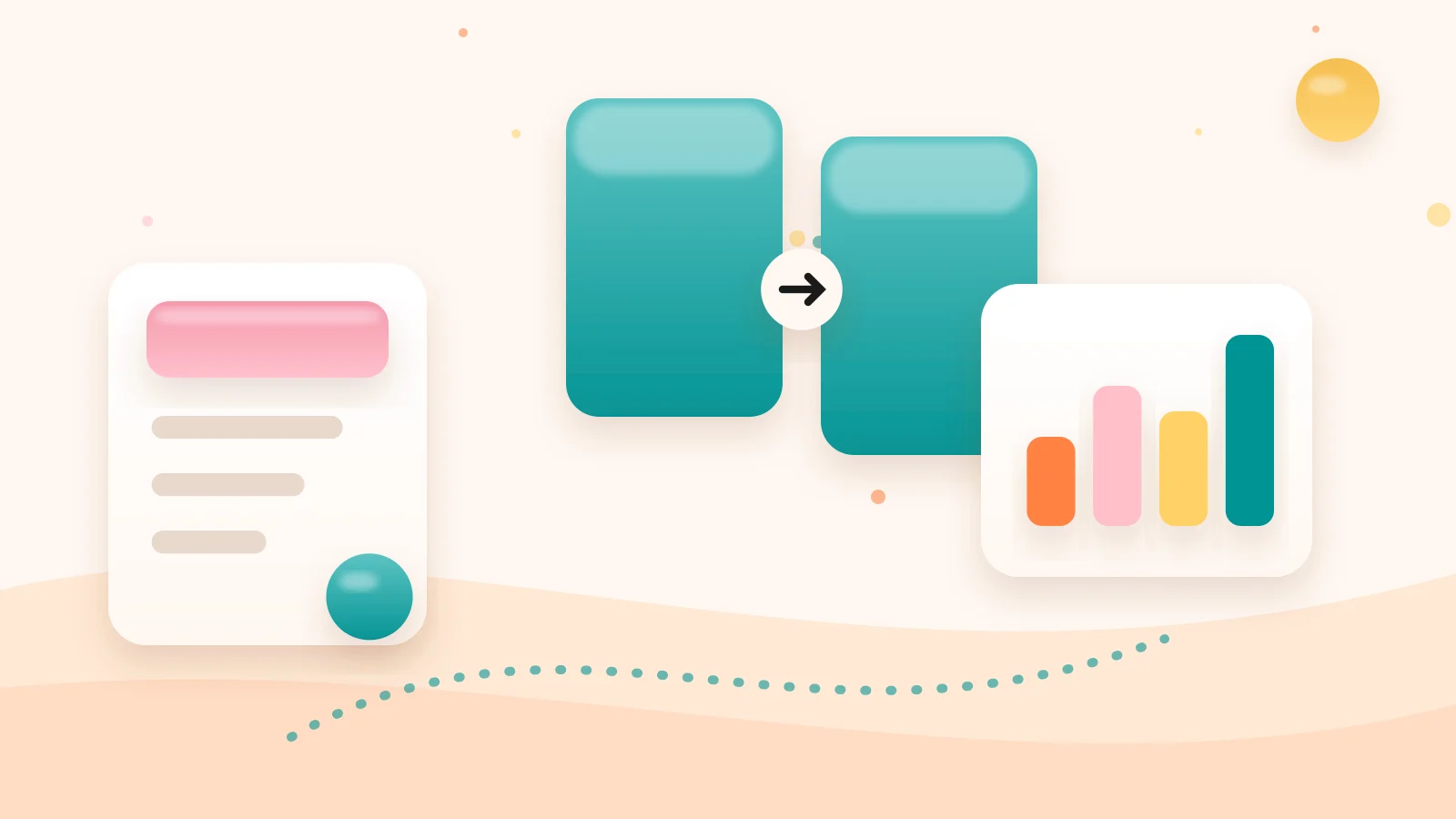 Clay-style illustration of three stacked pricing blocks of increasing height with a small percentage tag beside the shortest one, representing Circle's three plan tiers and declining transaction fee