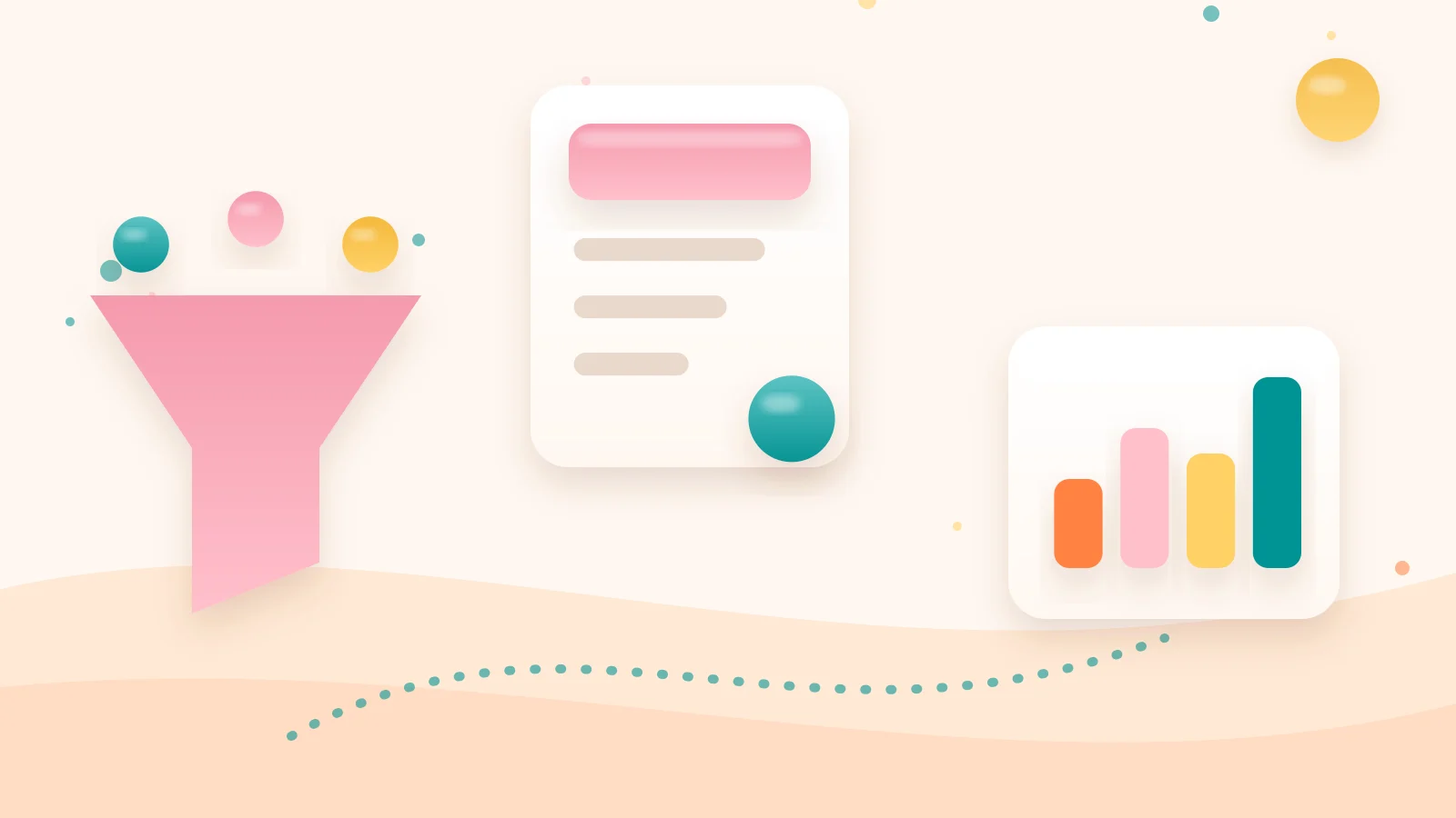 Clay-style illustration of a sales funnel shape next to a pricing card and a bar chart, representing a ClickFunnels plan-cost comparison