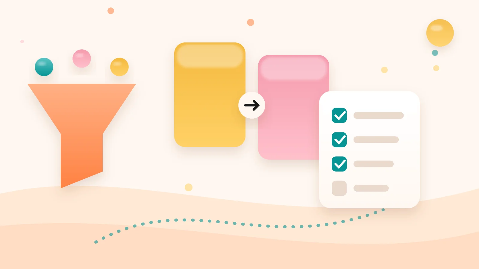 Clay-style illustration of a funnel shape beside a two-column comparison card and a checklist, representing a ClickFunnels review verdict