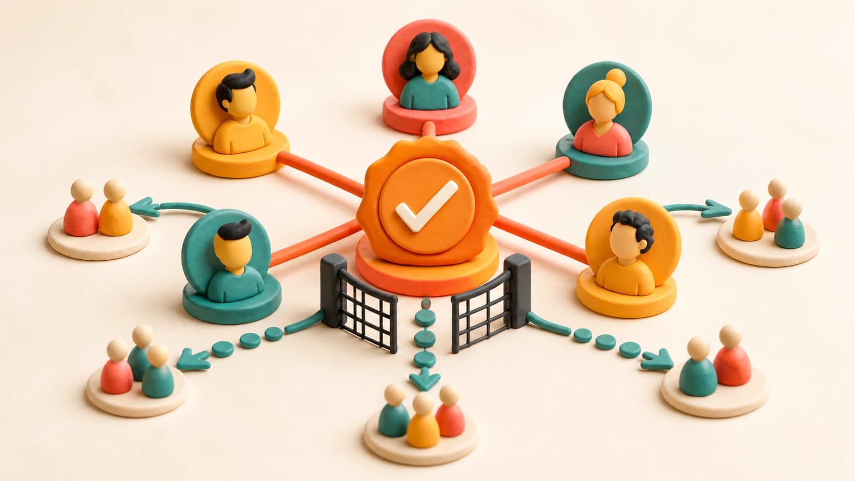 Clay illustration of an affiliate partner network filtering qualified audiences toward a verified paid-community offer