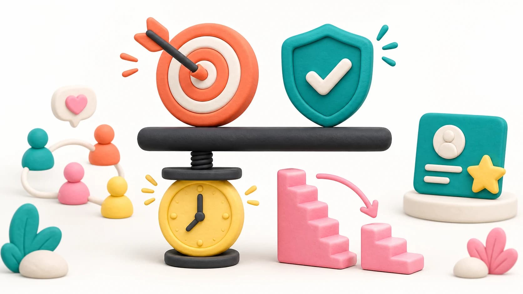 Clay illustration of a target and proof shield above a fraction bar, with a clock and shorter staircase below