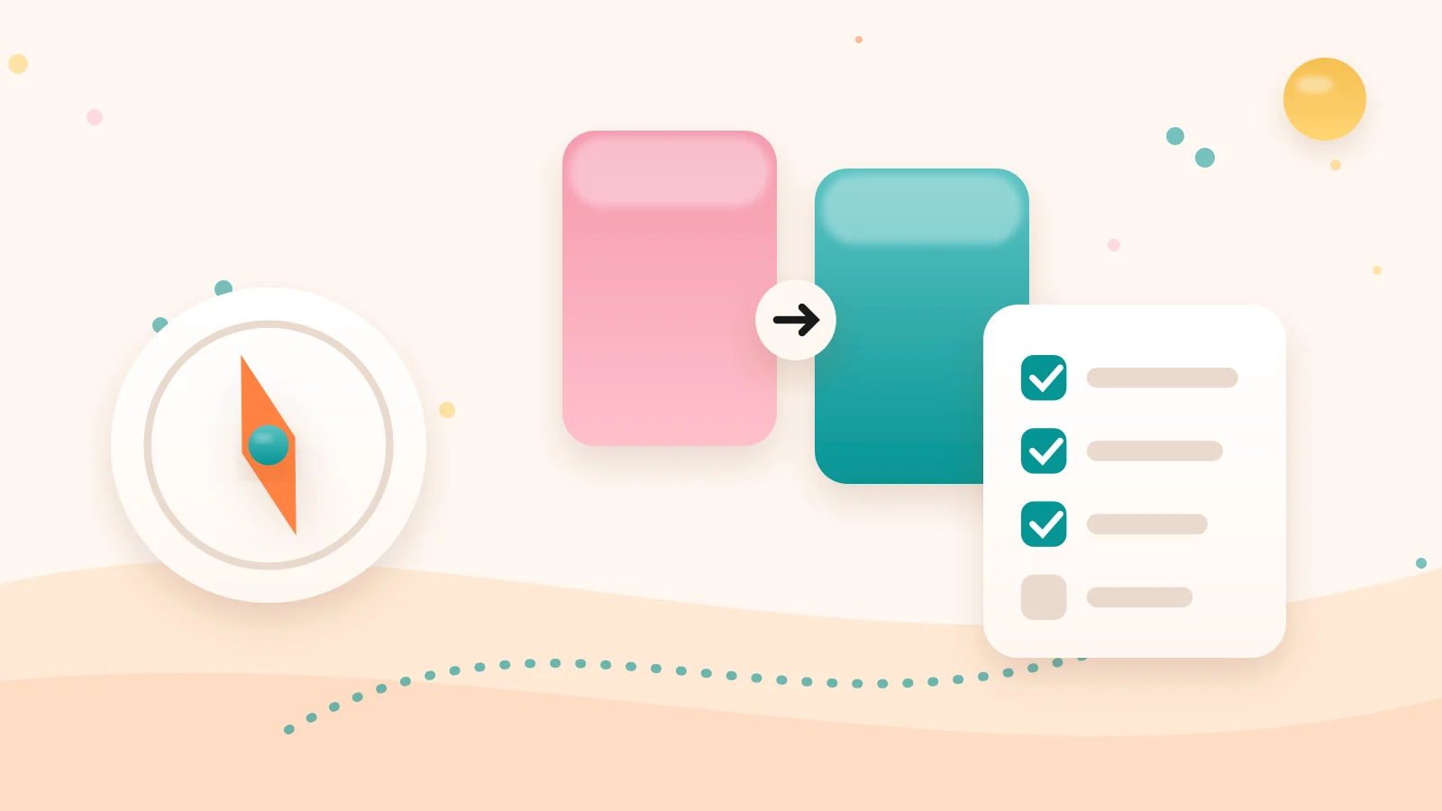 Clay-style illustration of a compass next to two overlapping checklists, representing the split between platform legitimacy and seller legitimacy on Whop