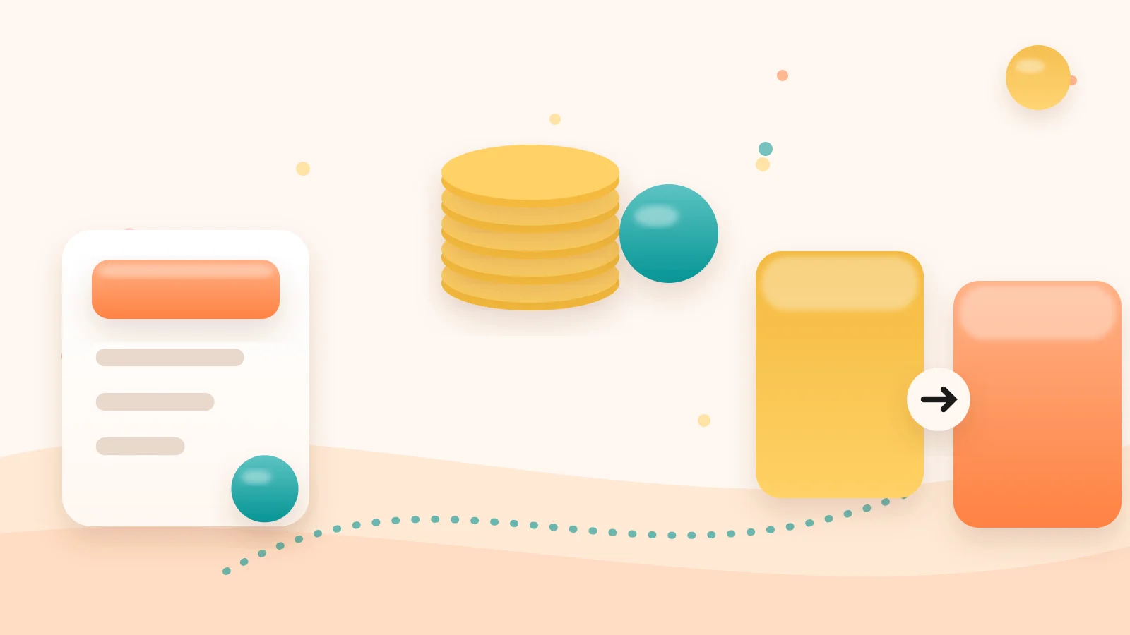 Clay-style illustration of a pricing card, a coin stack and two plans side by side, representing a Kajabi plan-cost comparison