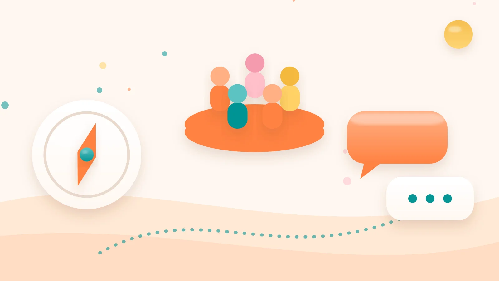 Clay-style illustration of a compass, a chat bubble and a community icon cluster, representing a Kajabi community feature verdict