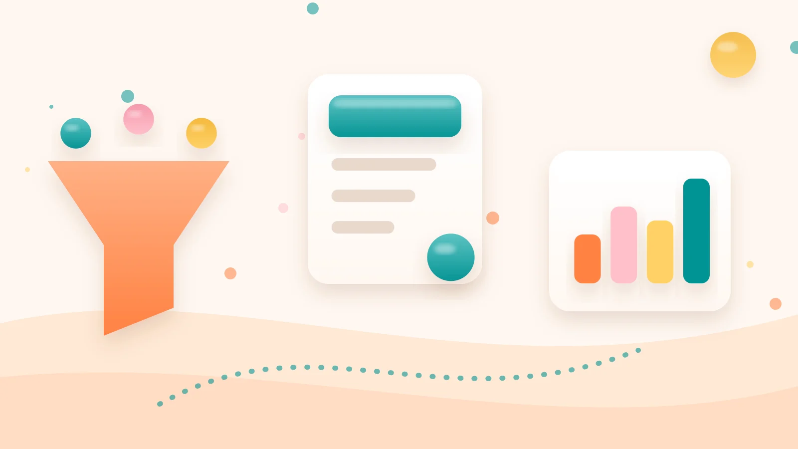 Clay-style illustration of a funnel shape beside four stacked pricing tiers and a percentage fee tag