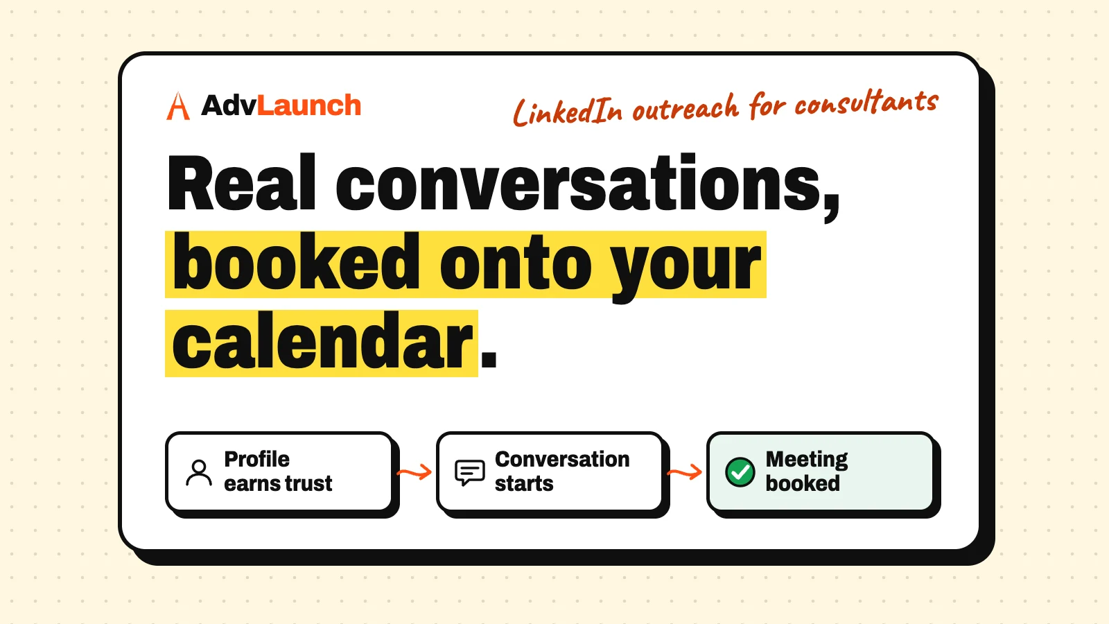 AdvLaunch graphic for LinkedIn outreach for consultants. The headline reads 'Real conversations, booked onto your calendar', above three steps: profile earns trust, conversation starts, meeting booked.