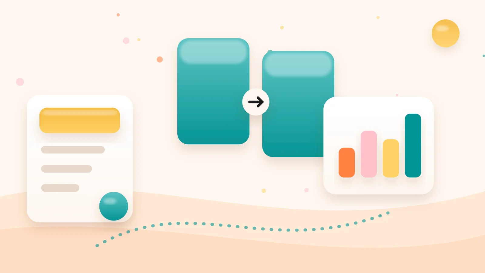 Clay-style illustration of a storefront card next to a pricing card and a bar chart, representing a Stan Store plan-cost comparison