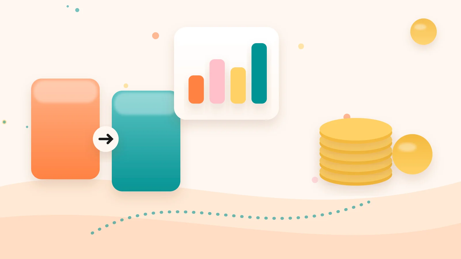 Clay-style illustration of two phone mockups side by side, one a simple link list and one a storefront checkout