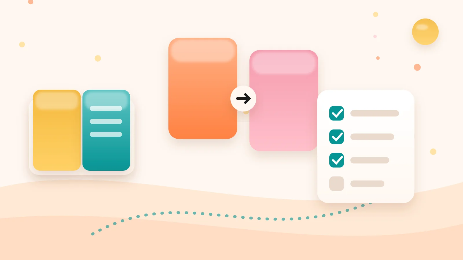 Clay-style illustration of a course player screen beside a two-column comparison card and a checklist, representing a Thinkific review verdict
