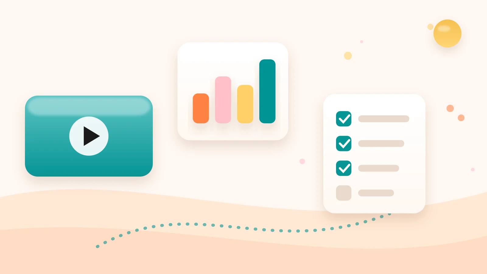 Clay-style illustration of a video play button beside a checklist and a bar chart, representing a video sales letter script structure and its performance metrics