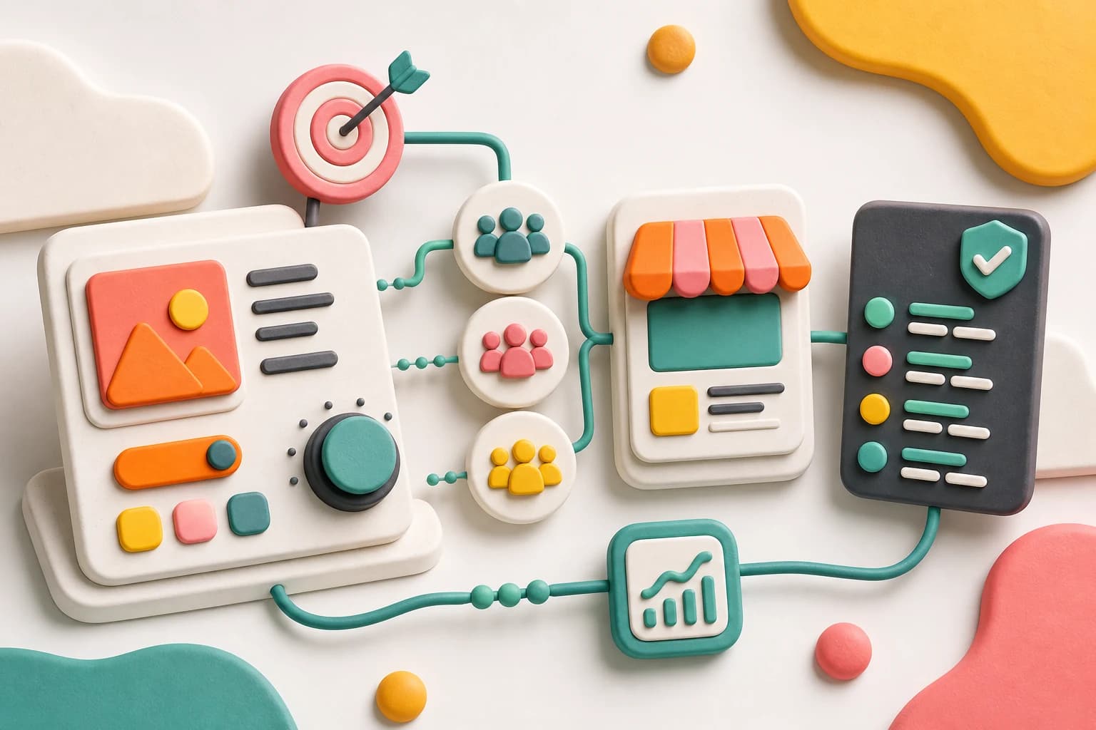 Clay illustration of an ad campaign connected to buyer audiences, a paid-community storefront, and a verified sales ledger