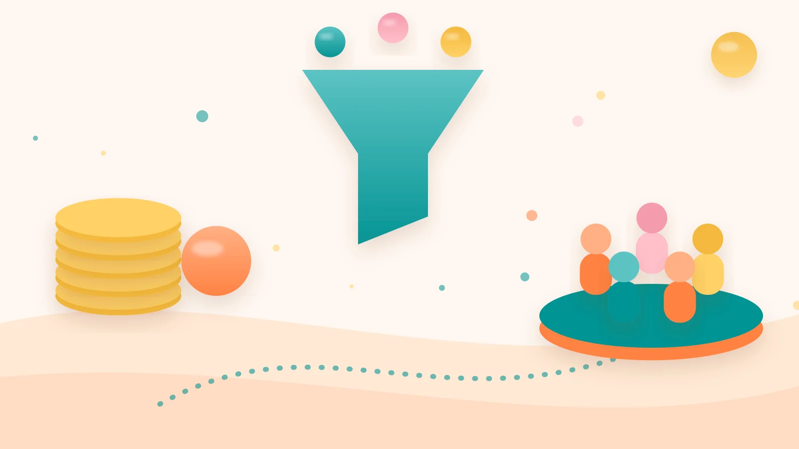 Clay illustration of a coin-and-clip funnel feeding into a teal community badge, representing Whop content rewards economics