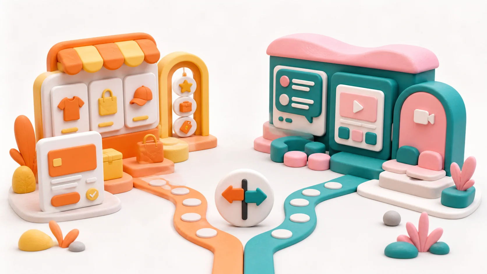 Clay illustration comparing a commerce-first creator storefront with a structured community learning hub