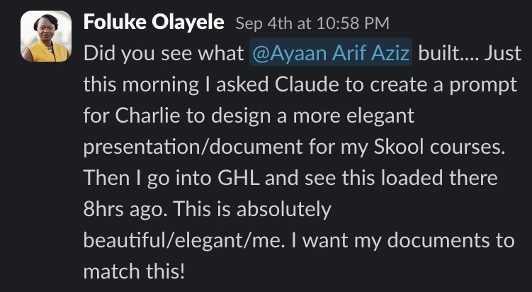 Slack message from Foluke Olayele: “This is absolutely beautiful/elegant/me.”