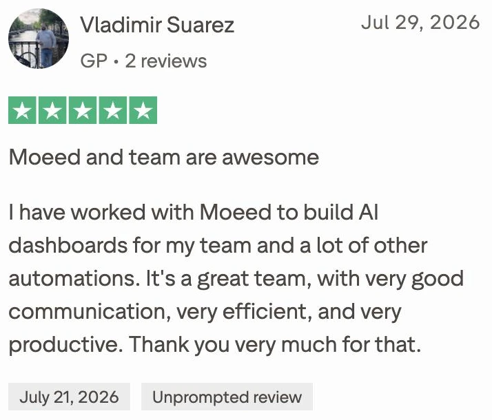 Trustpilot review by Vladimir Suarez, five stars: Moeed and team are awesome.